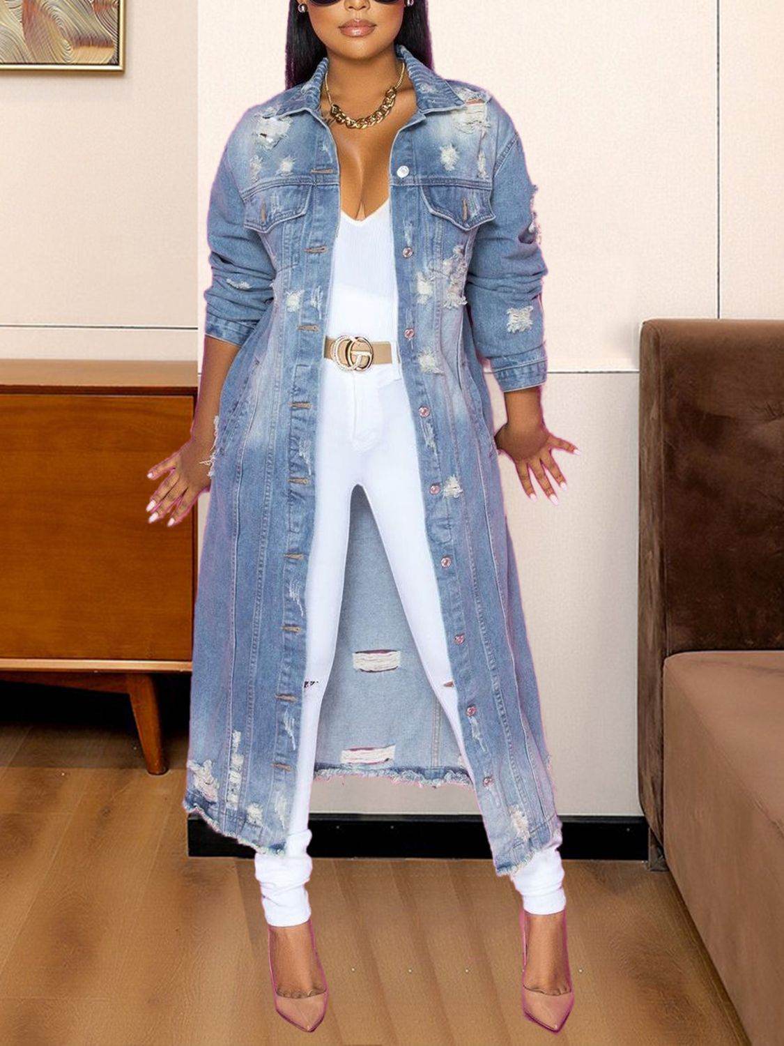 Long Sleeve Raw Hem Denim Jacket - UnLaced Boutique