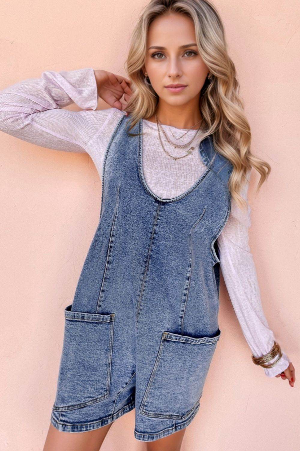 U Neck Patched Pocket Denim Overalls - UnLaced Boutique