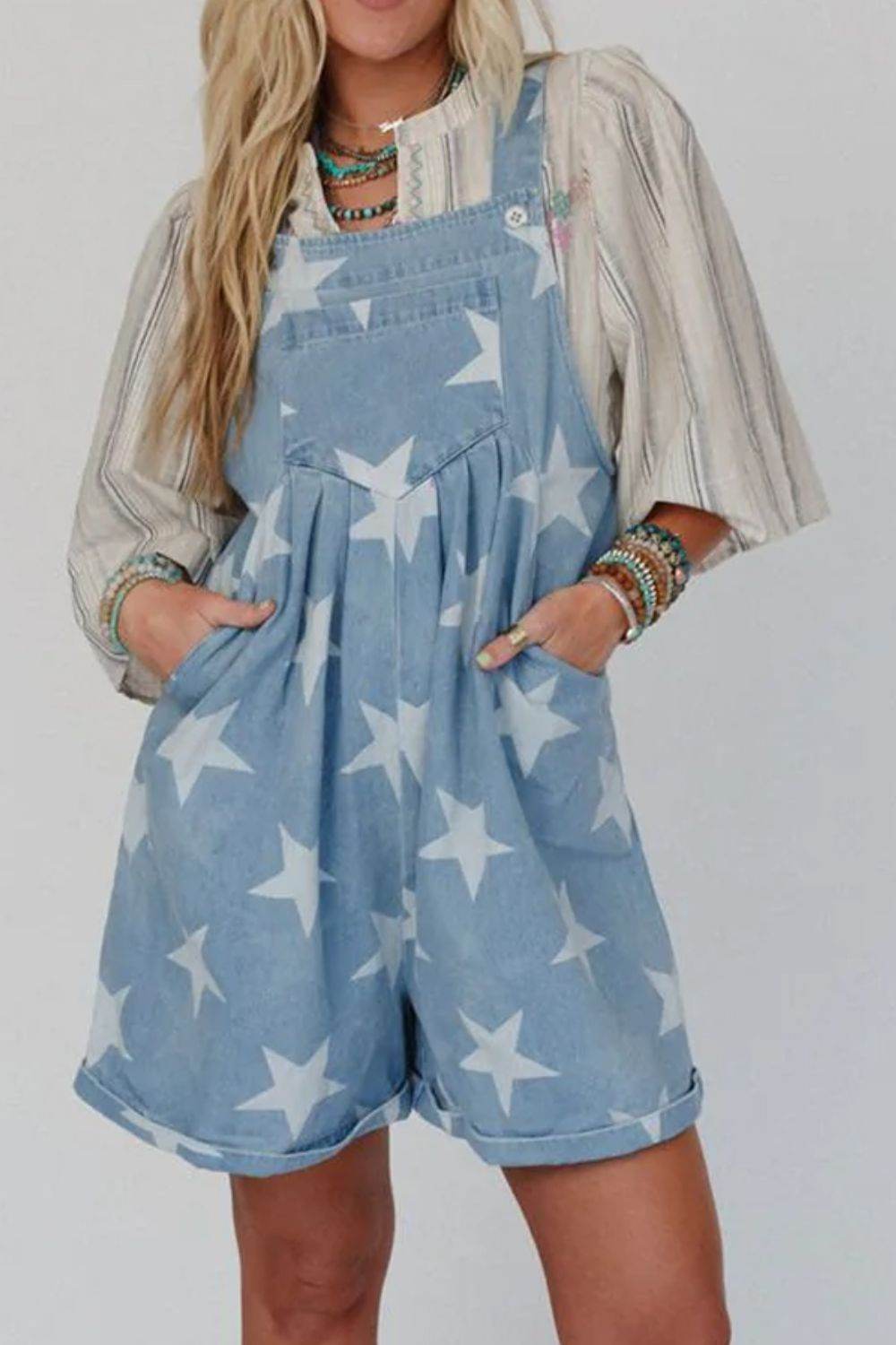 Star Print Square Neck Denim Overalls - UnLaced Boutique