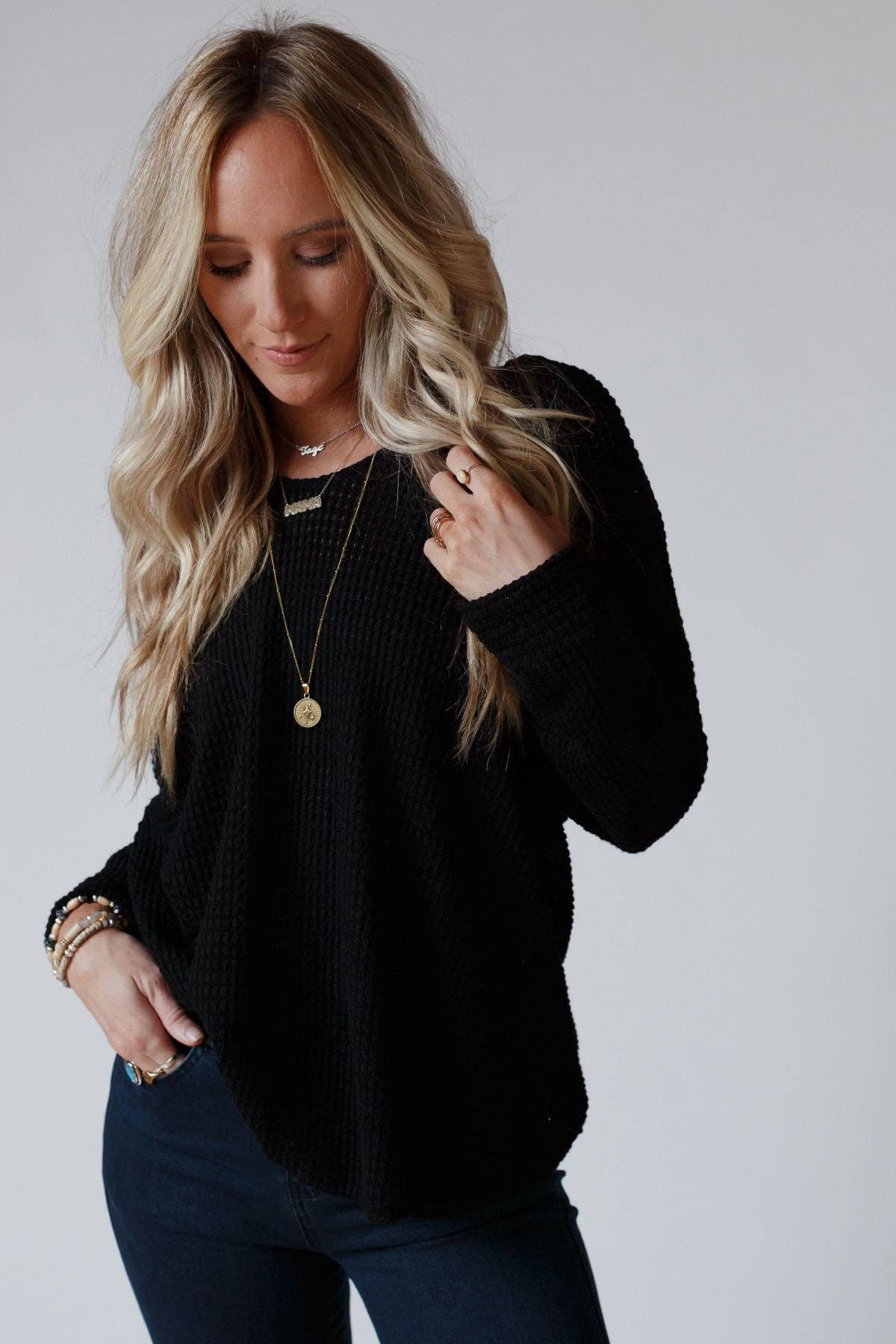 Flattering Open Back Thermal Knit Top - Black - UnLaced Boutique