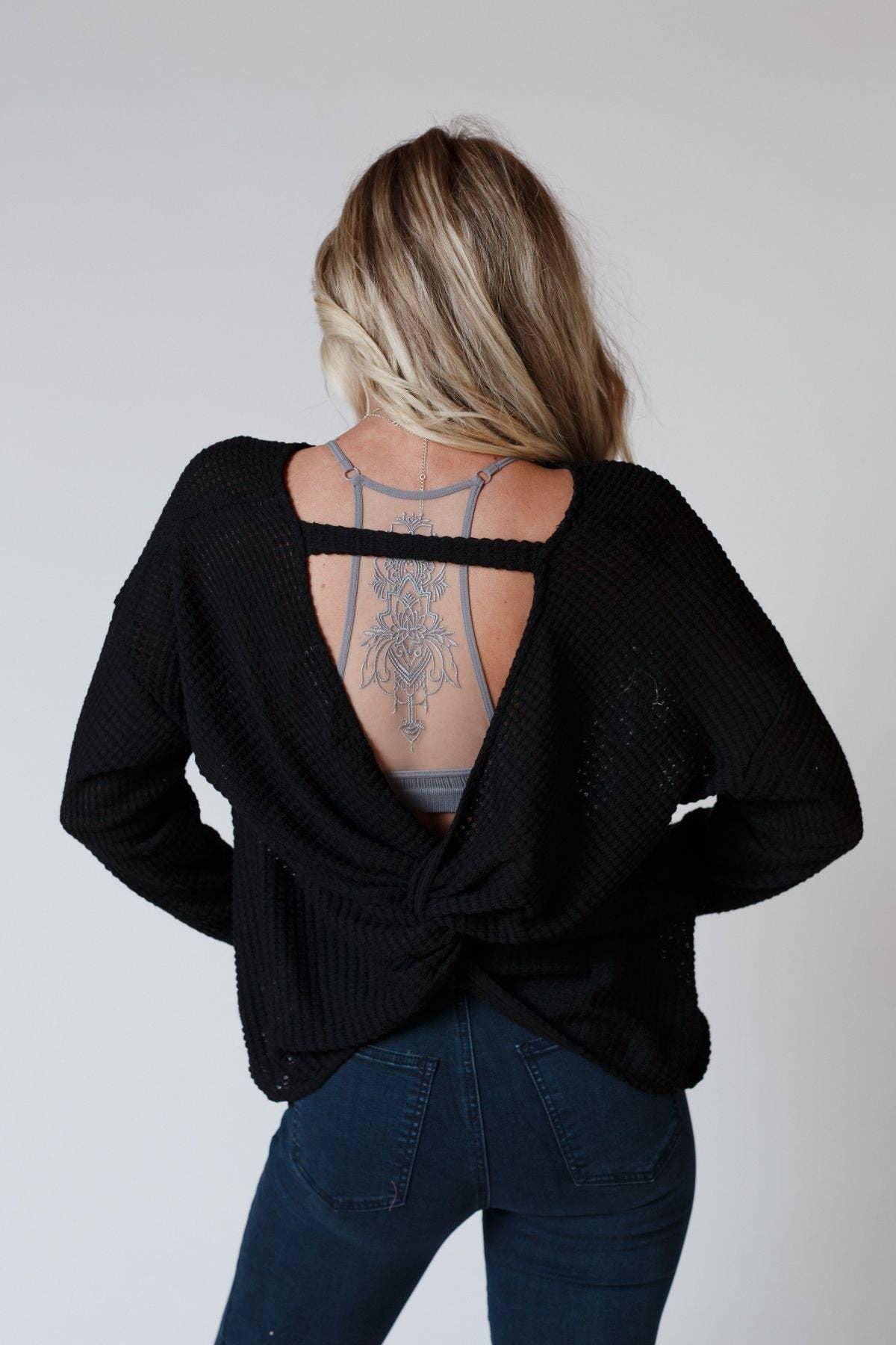 Flattering Open Back Thermal Knit Top - Black - UnLaced Boutique