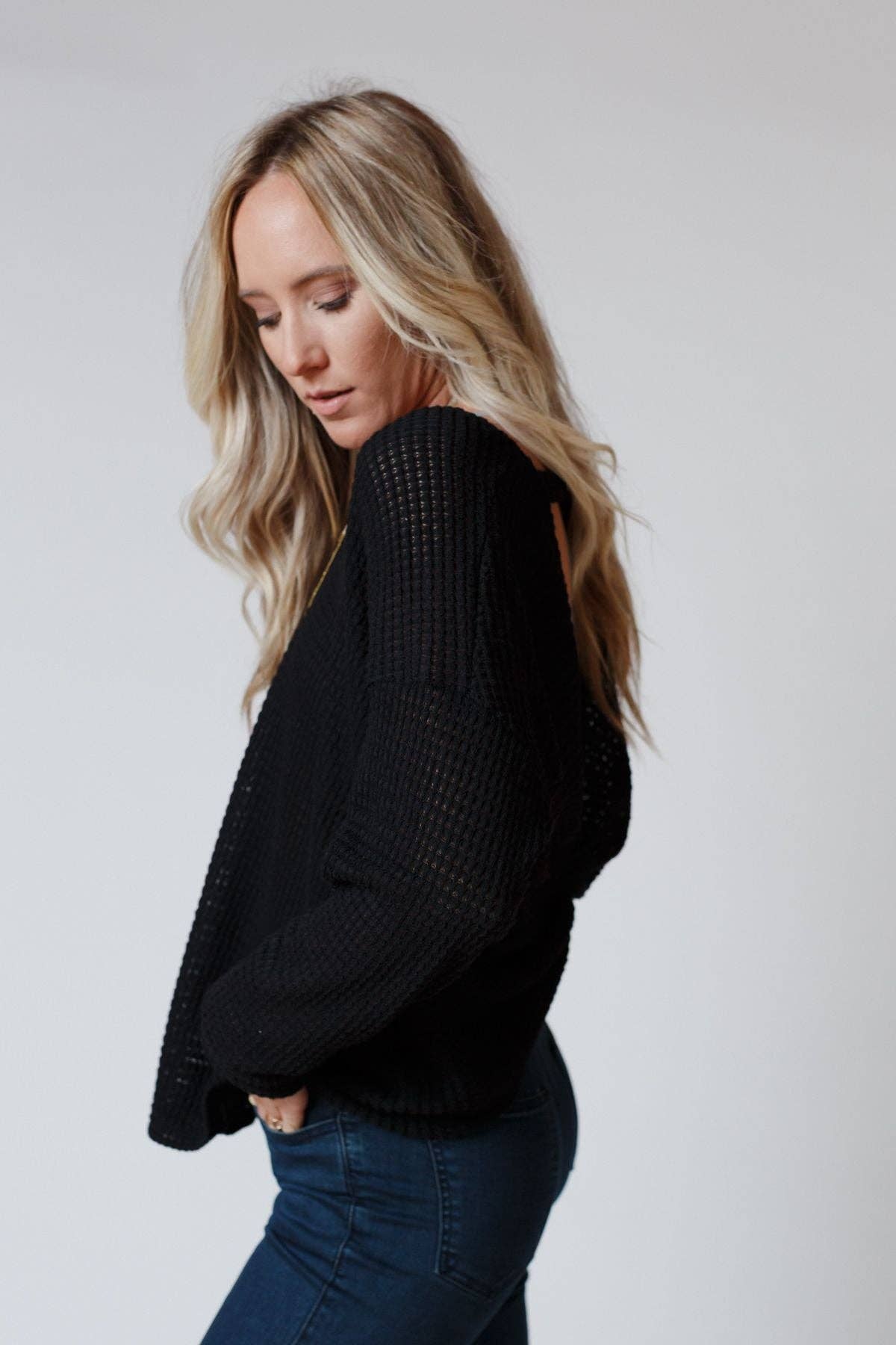 Flattering Open Back Thermal Knit Top - Black - UnLaced Boutique