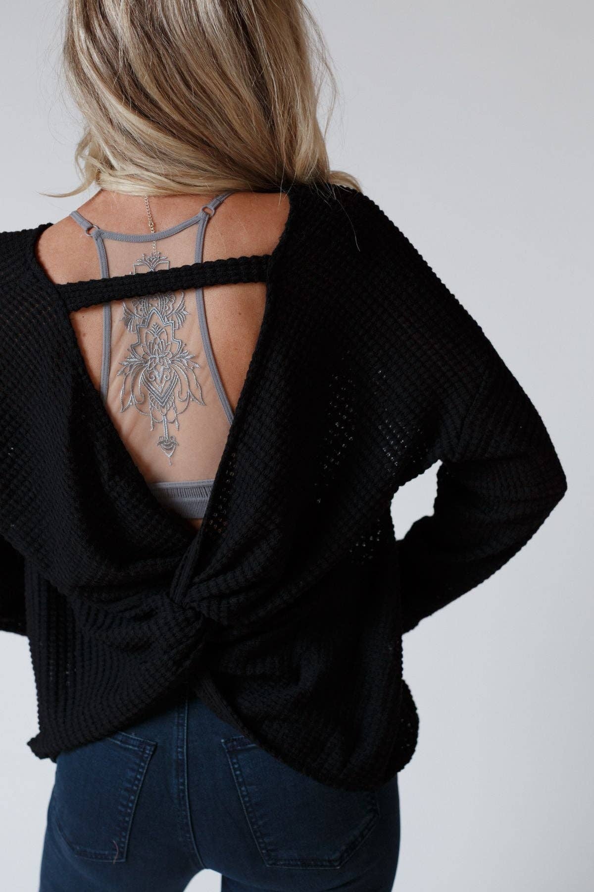 Flattering Open Back Thermal Knit Top - Black - UnLaced Boutique