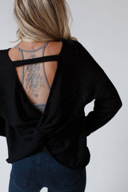 Flattering Open Back Thermal Knit Top - Black - UnLaced Boutique