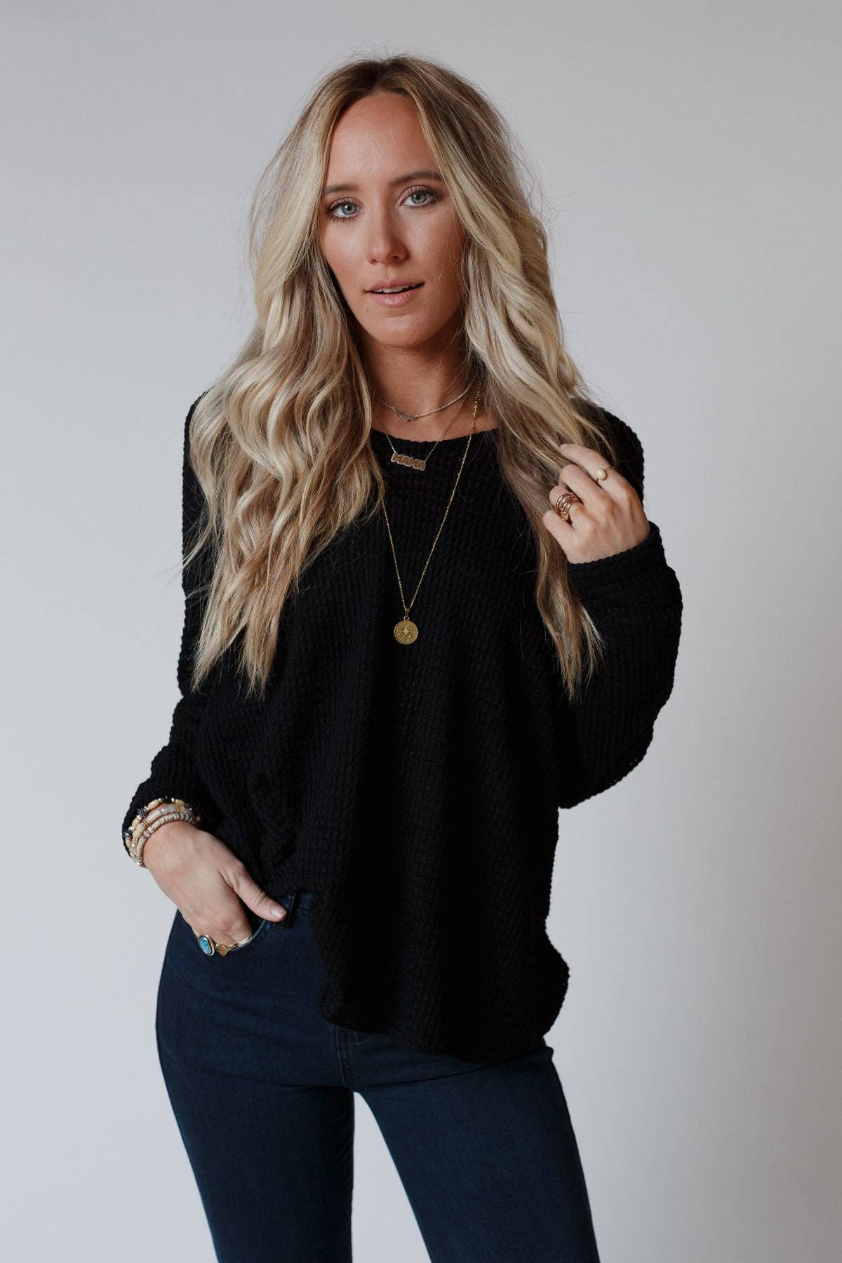 Flattering Open Back Thermal Knit Top - Black - UnLaced Boutique