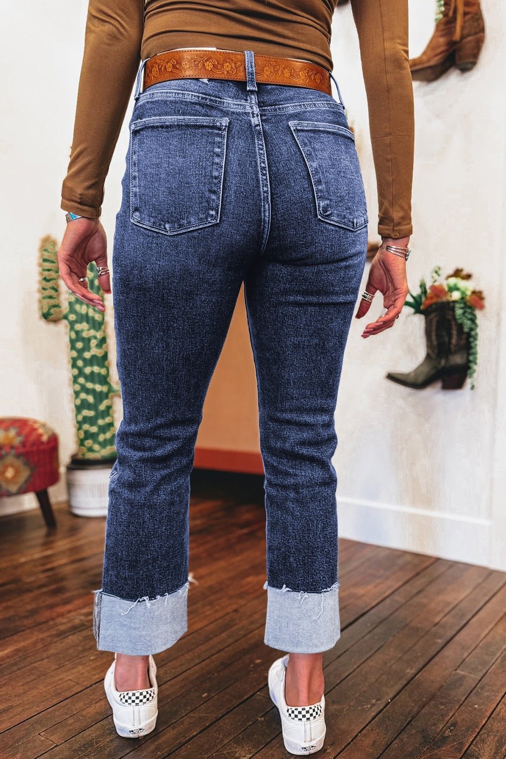Folded Cuffs Distressed Straight High Waist Jeans - UnLaced Boutique