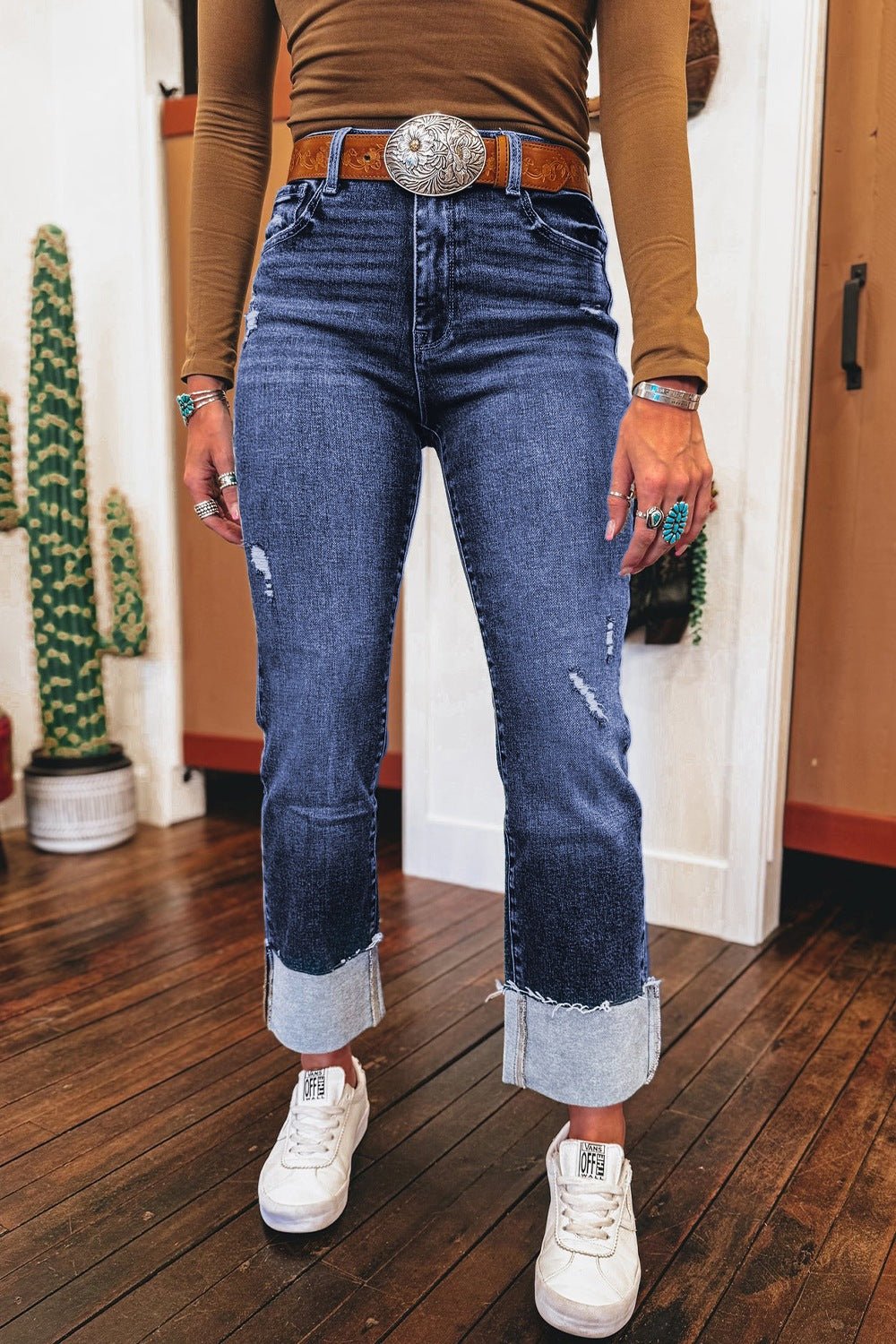 Folded Cuffs Distressed Straight High Waist Jeans - UnLaced Boutique