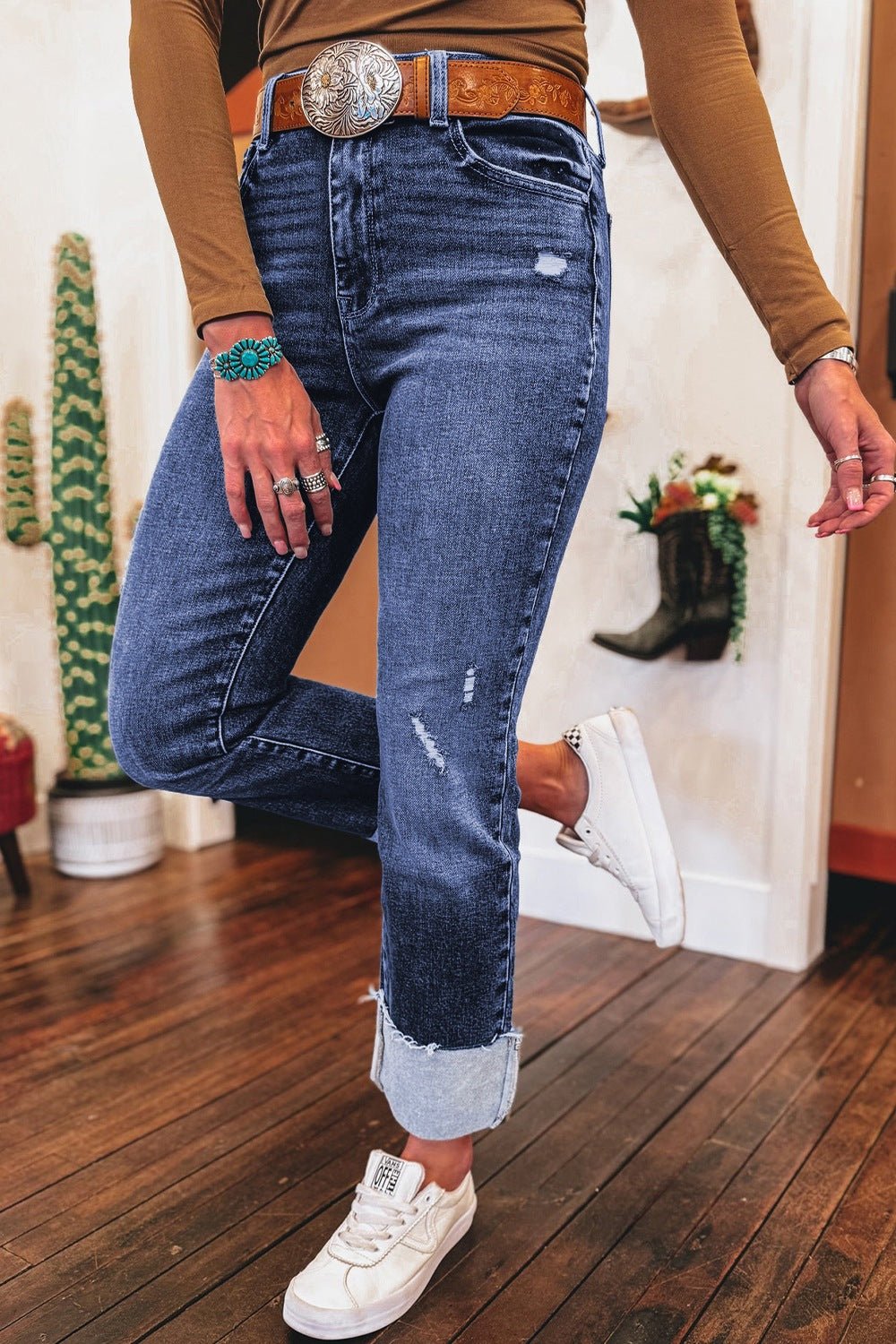 Folded Cuffs Distressed Straight High Waist Jeans - UnLaced Boutique