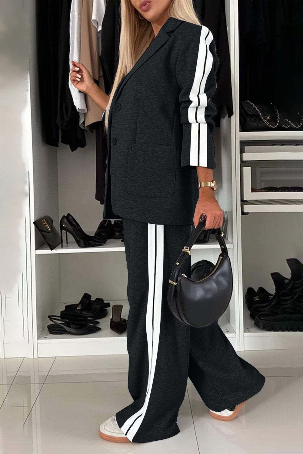 Full Size Contrast Lapel Collar Top and Pants Set - UnLaced Boutique