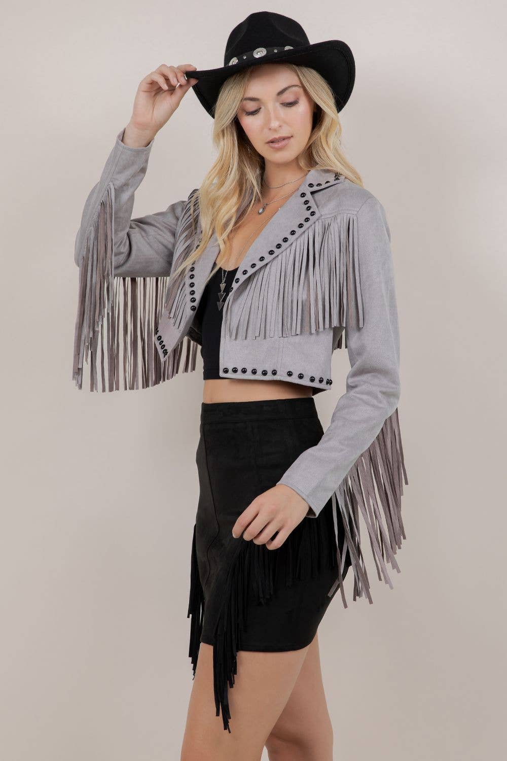 GREY FRINGE STUD JACKET - UnLaced Boutique