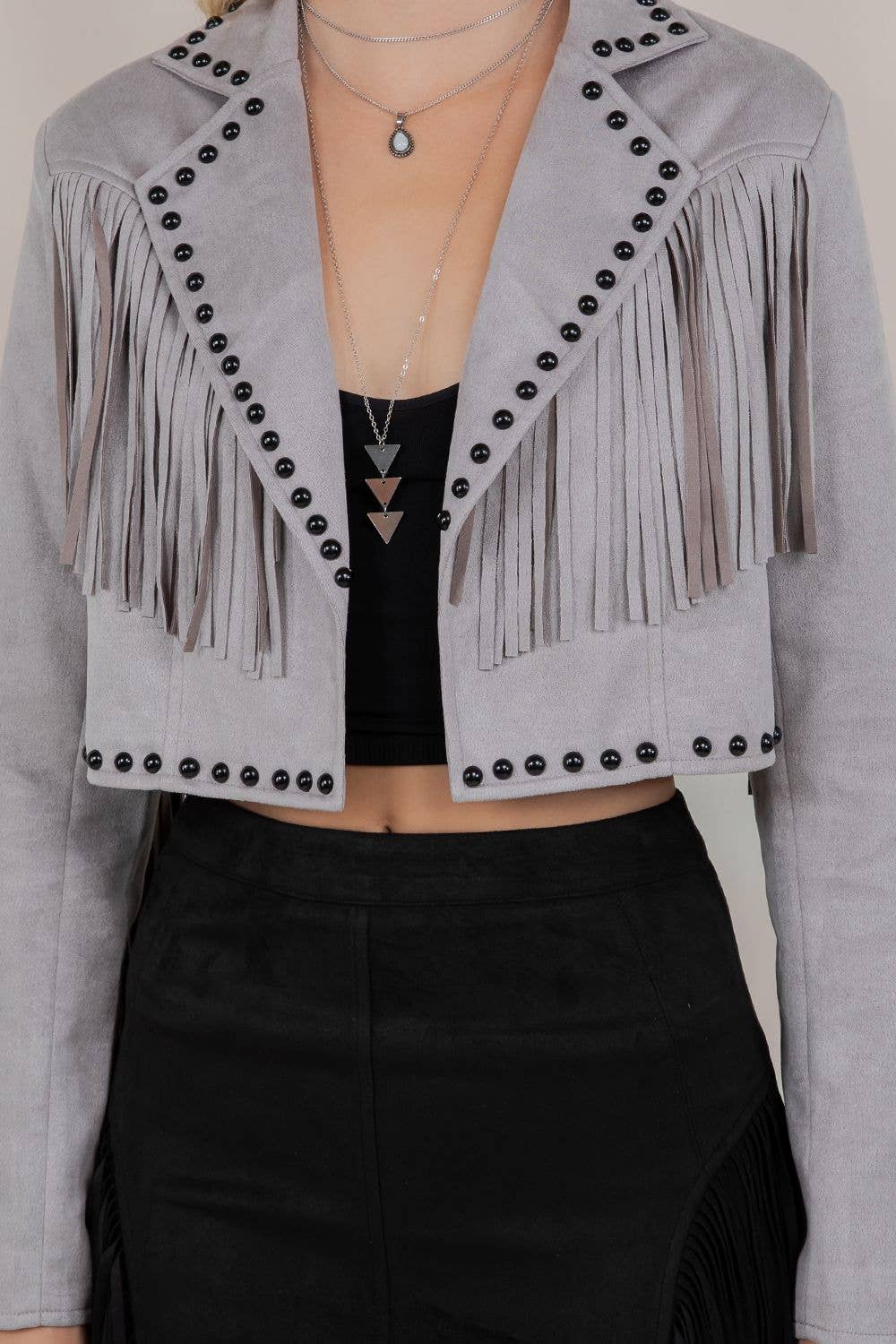 GREY FRINGE STUD JACKET - UnLaced Boutique