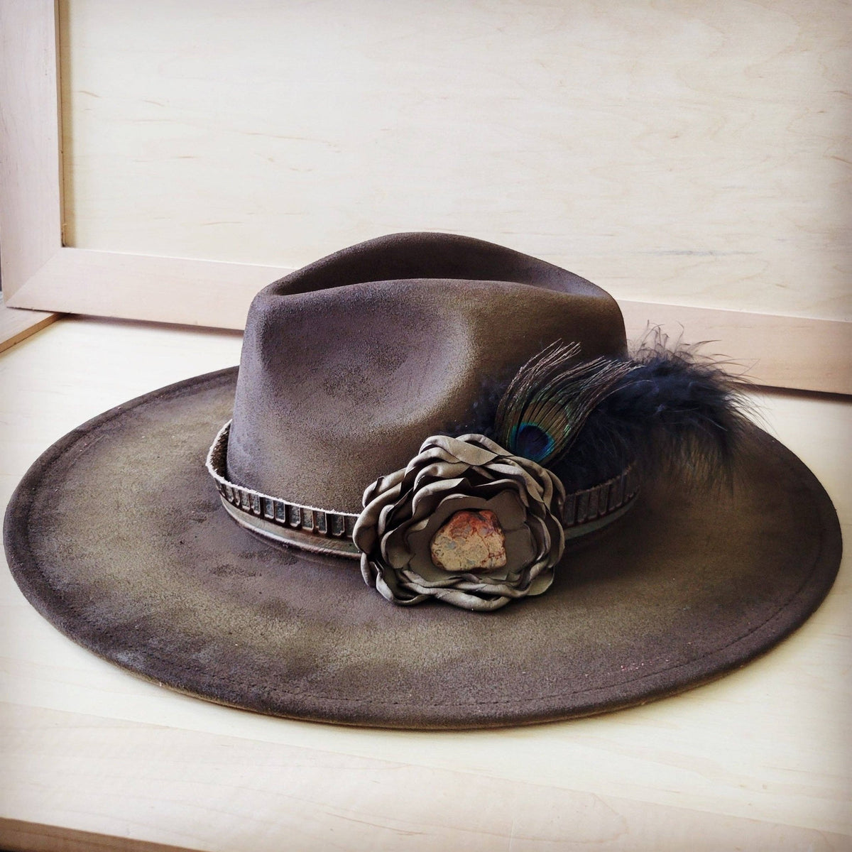 Hand-Painted Distressed Boho Western Cowgirl Hat & Band-Olive 987n - With Feather Hatband - UnLaced Boutique