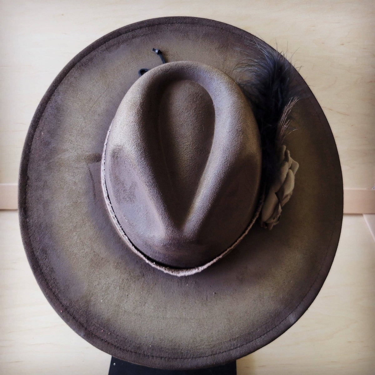 Hand-Painted Distressed Boho Western Cowgirl Hat & Band-Olive 987n - With Feather Hatband - UnLaced Boutique