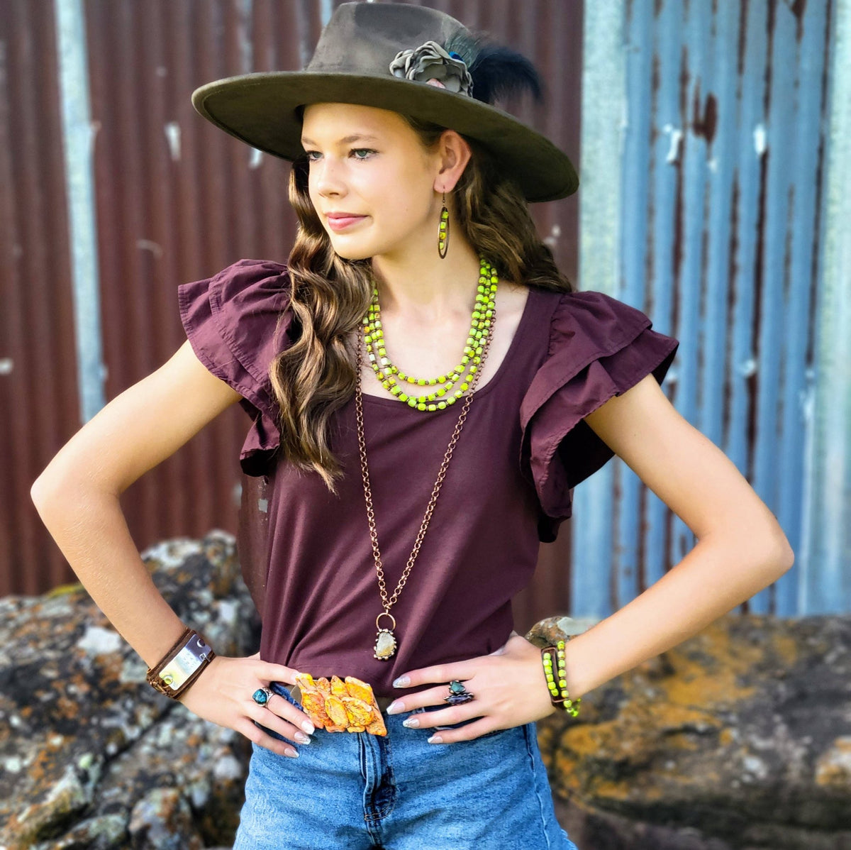 Hand-Painted Distressed Boho Western Cowgirl Hat & Band-Olive 987n - With Feather Hatband - UnLaced Boutique