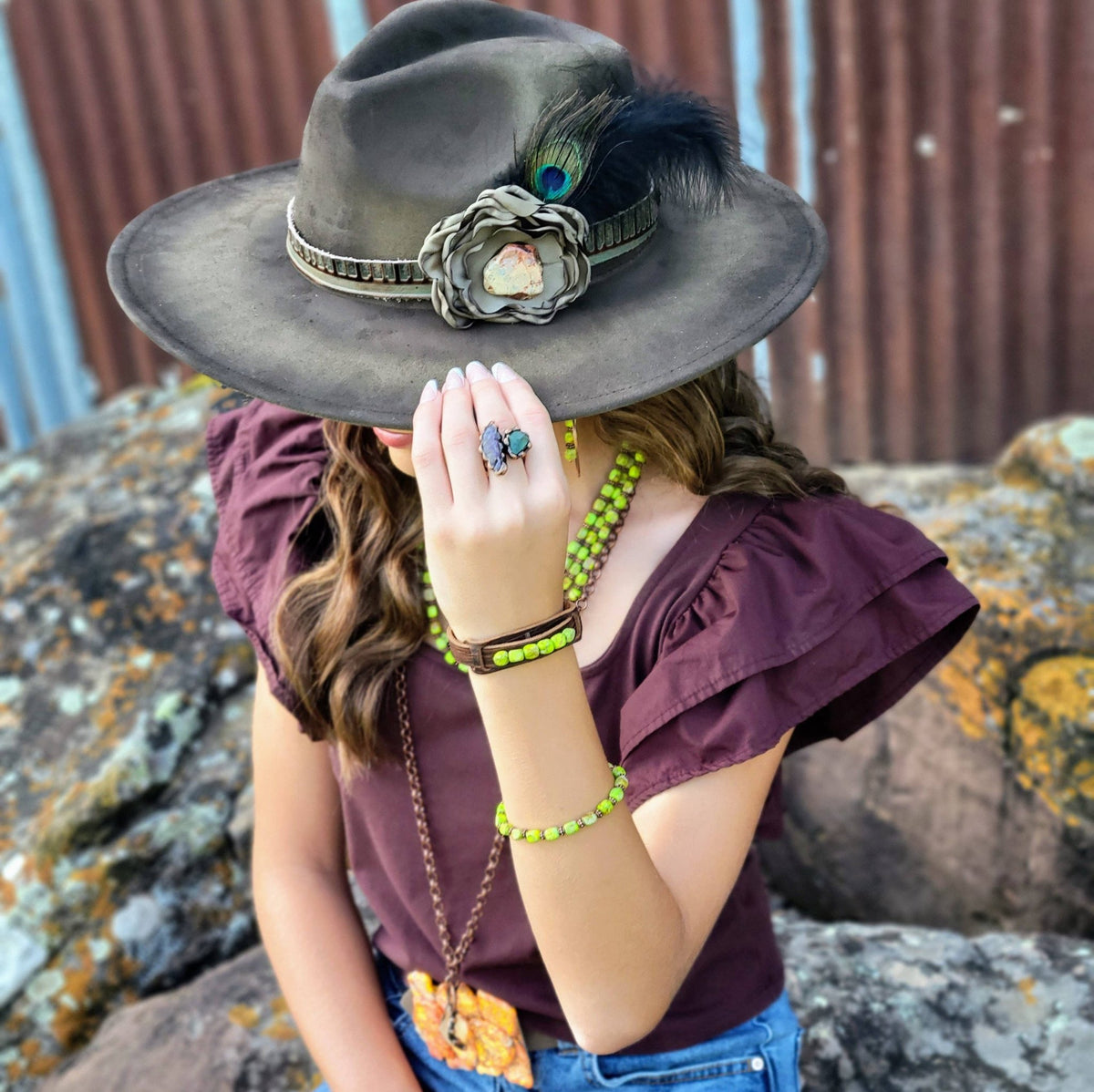 Hand-Painted Distressed Boho Western Cowgirl Hat & Band-Olive 987n - With Feather Hatband - UnLaced Boutique