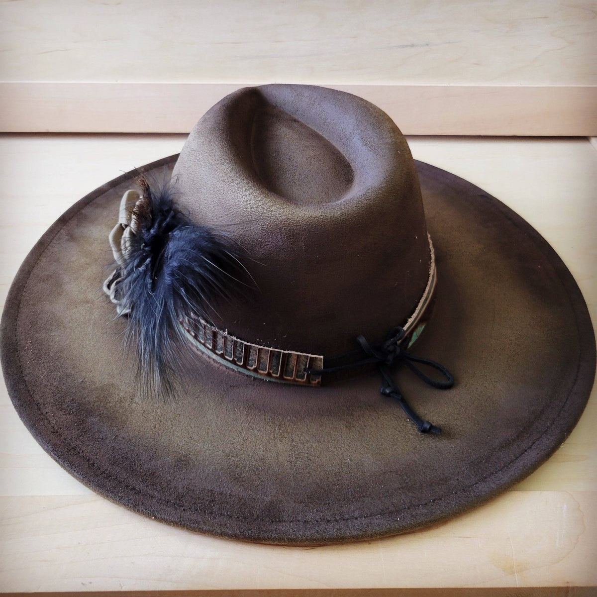Hand-Painted Distressed Boho Western Cowgirl Hat & Band-Olive 987n - With Feather Hatband - UnLaced Boutique