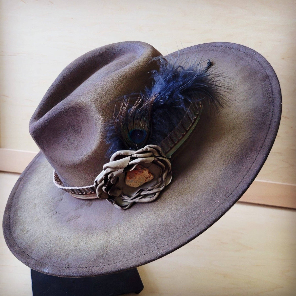 Hand-Painted Distressed Boho Western Cowgirl Hat & Band-Olive 987n - With Feather Hatband - UnLaced Boutique