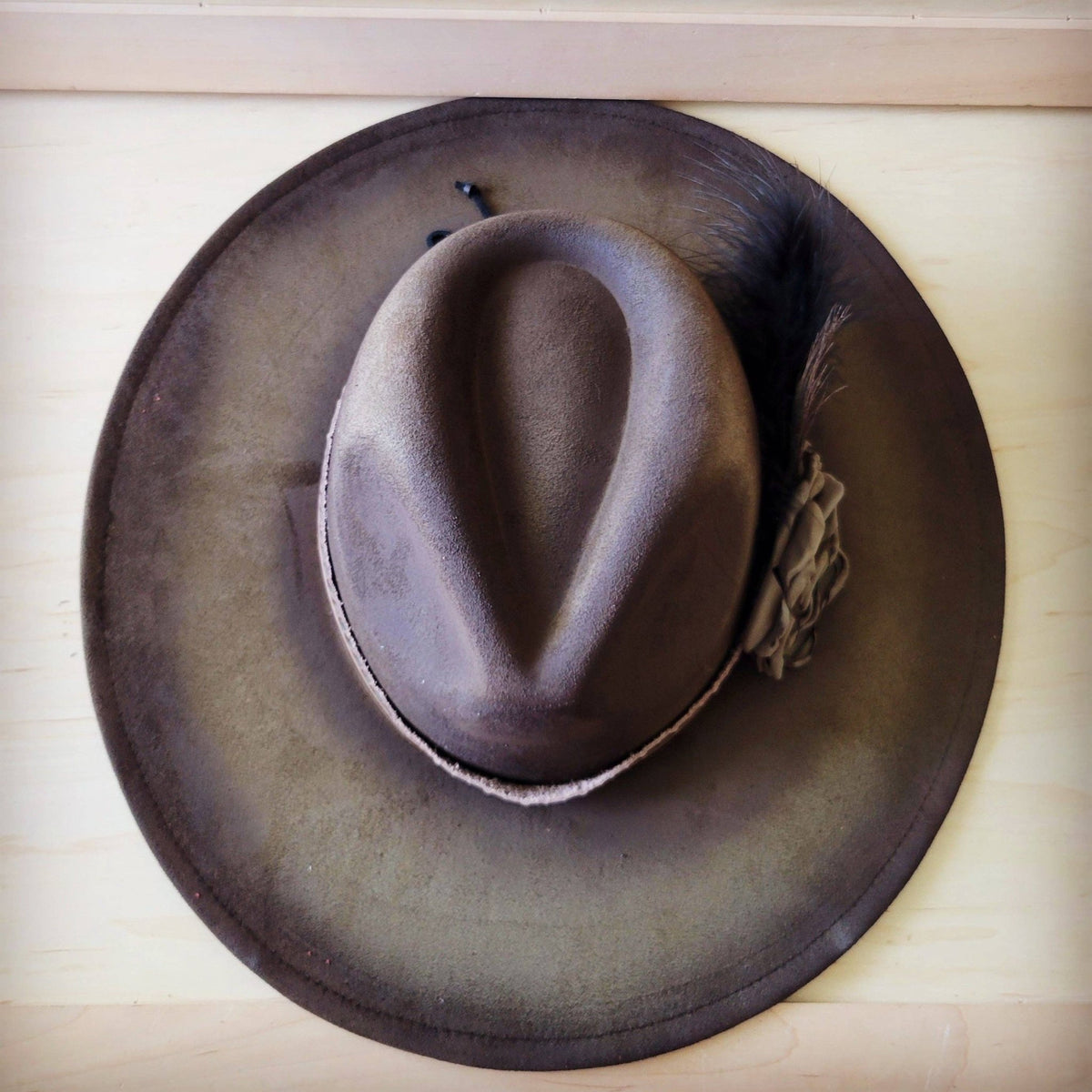 Hand-Painted Distressed Boho Western Cowgirl Hat & Band-Olive 987n - With Feather Hatband - UnLaced Boutique