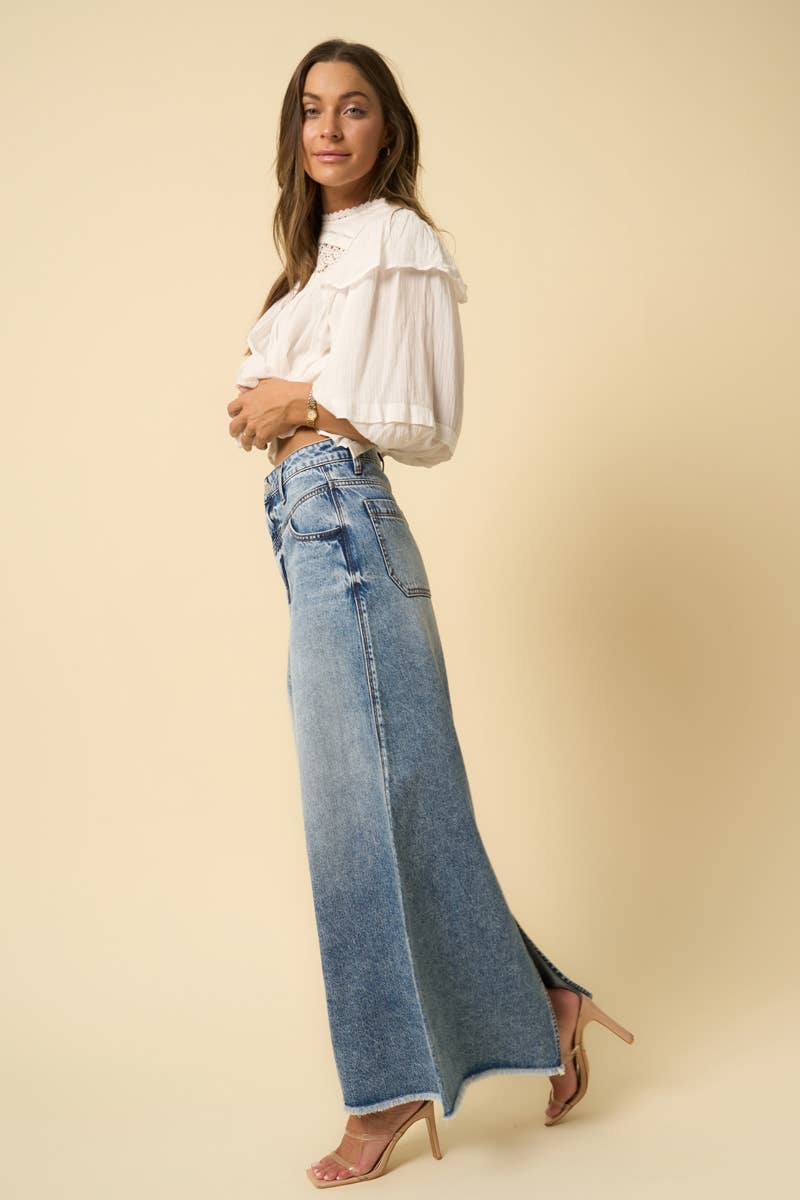 HIGH RISE FLARED MAXI SKIRT - Fray Hem - UnLaced Boutique