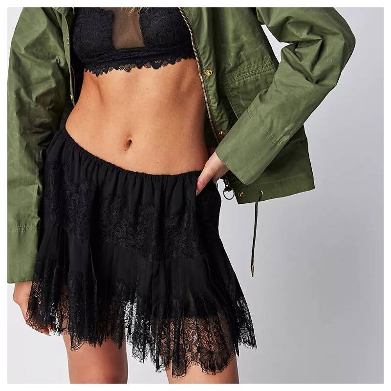 High Waist Lace Mini Skirt With Irregular Hem In Solid Color - UnLaced Boutique