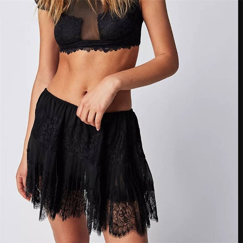 High Waist Lace Mini Skirt With Irregular Hem In Solid Color - UnLaced Boutique