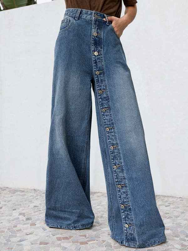 High Waisted Loose Buttoned Pockets Jean Pants Bottoms - UnLaced Boutique