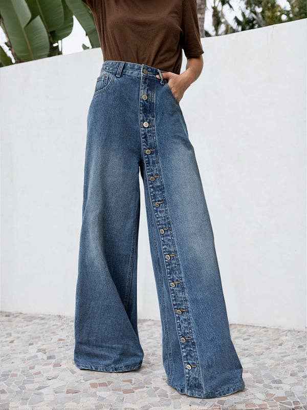 High Waisted Loose Buttoned Pockets Jean Pants Bottoms - UnLaced Boutique
