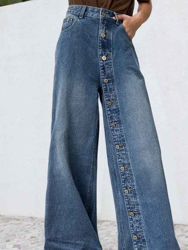 High Waisted Loose Buttoned Pockets Jean Pants Bottoms - UnLaced Boutique