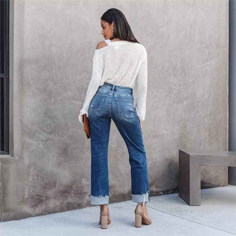 High - Waisted Wide Leg Jeans With Turn - Up Hem - UnLaced Boutique