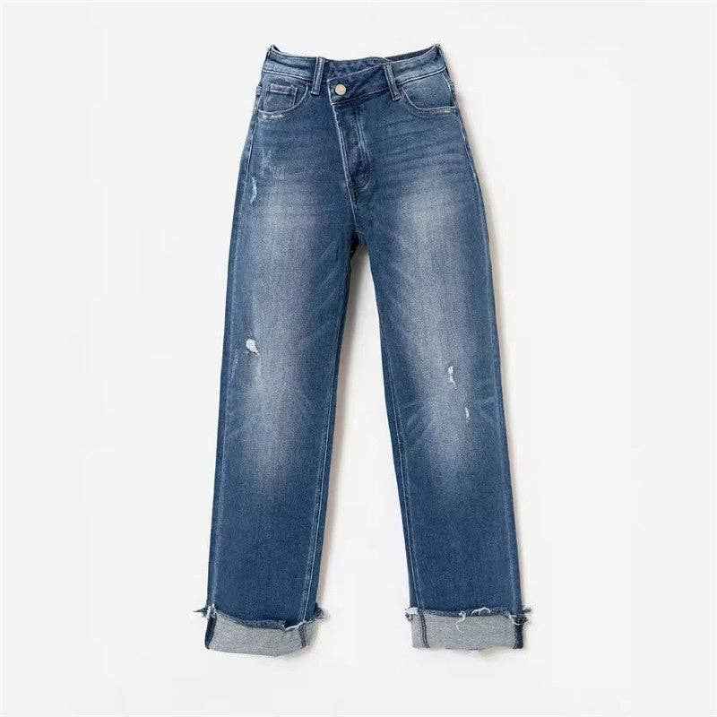 High - Waisted Wide Leg Jeans With Turn - Up Hem - UnLaced Boutique