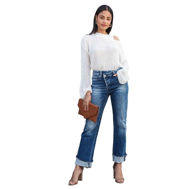 High - Waisted Wide Leg Jeans With Turn - Up Hem - UnLaced Boutique