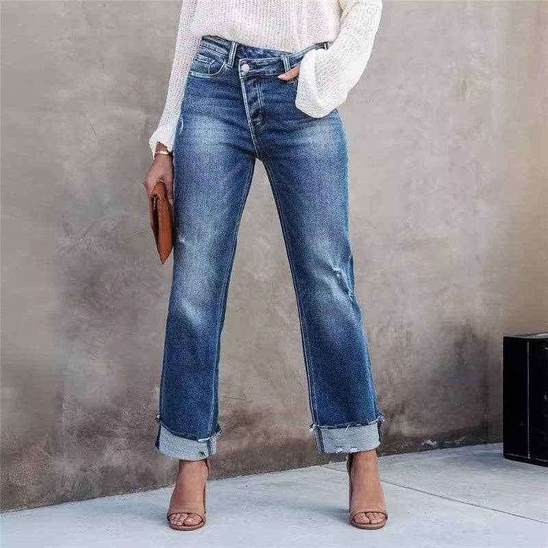 High - Waisted Wide Leg Jeans With Turn - Up Hem - UnLaced Boutique