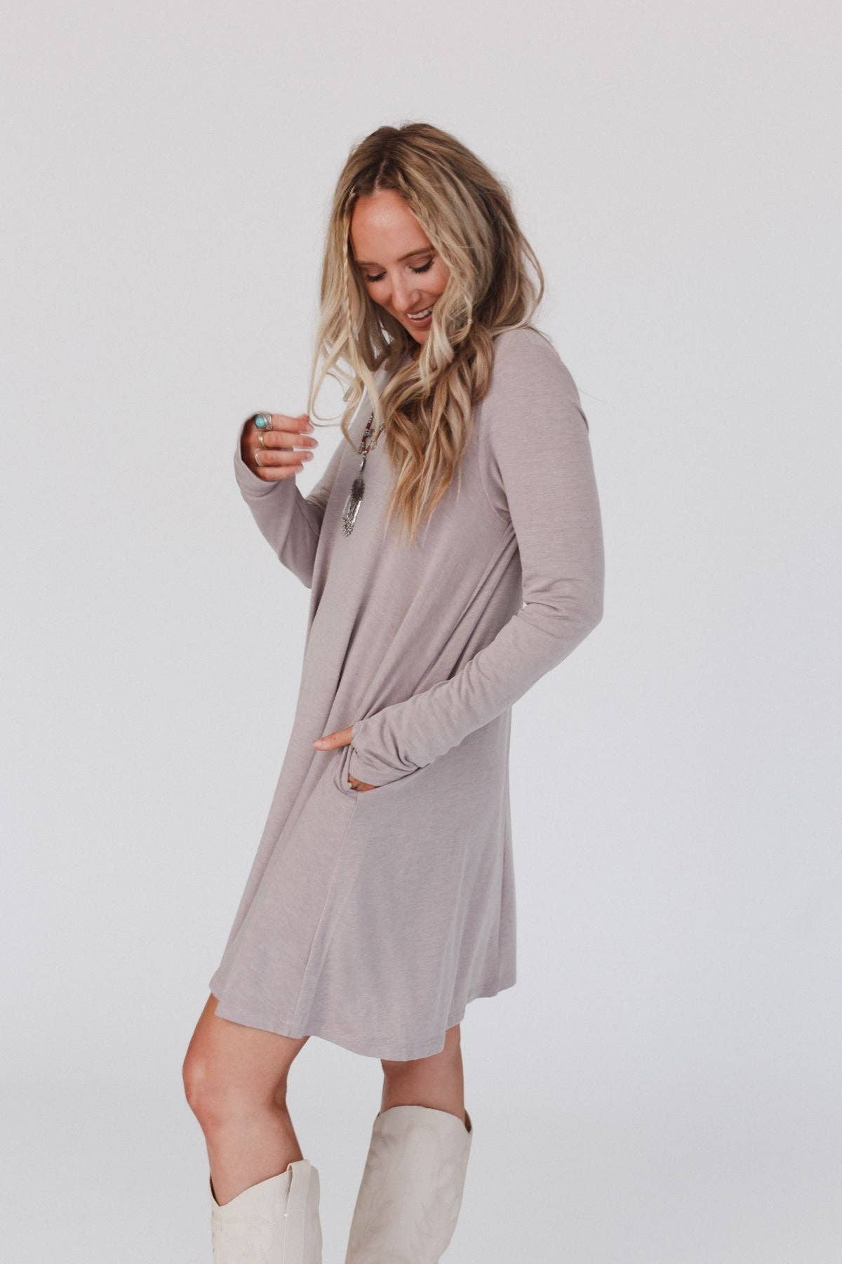 Jake Long Sleeve Crewneck Dress - Mocha Latte - UnLaced Boutique