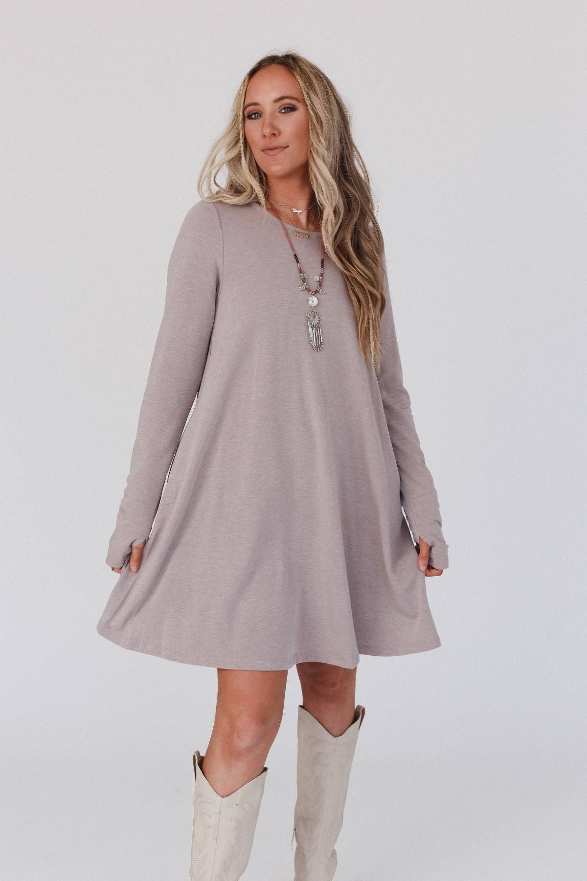 Jake Long Sleeve Crewneck Dress - Mocha Latte - UnLaced Boutique