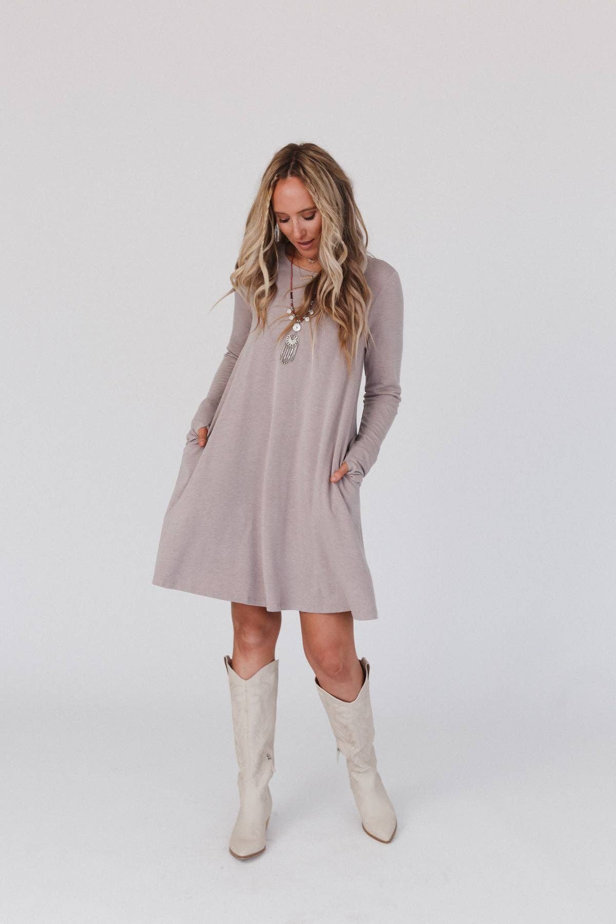 Jake Long Sleeve Crewneck Dress - Mocha Latte - UnLaced Boutique