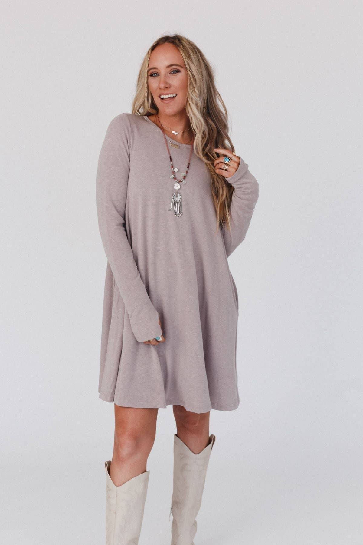 Jake Long Sleeve Crewneck Dress - Mocha Latte - UnLaced Boutique