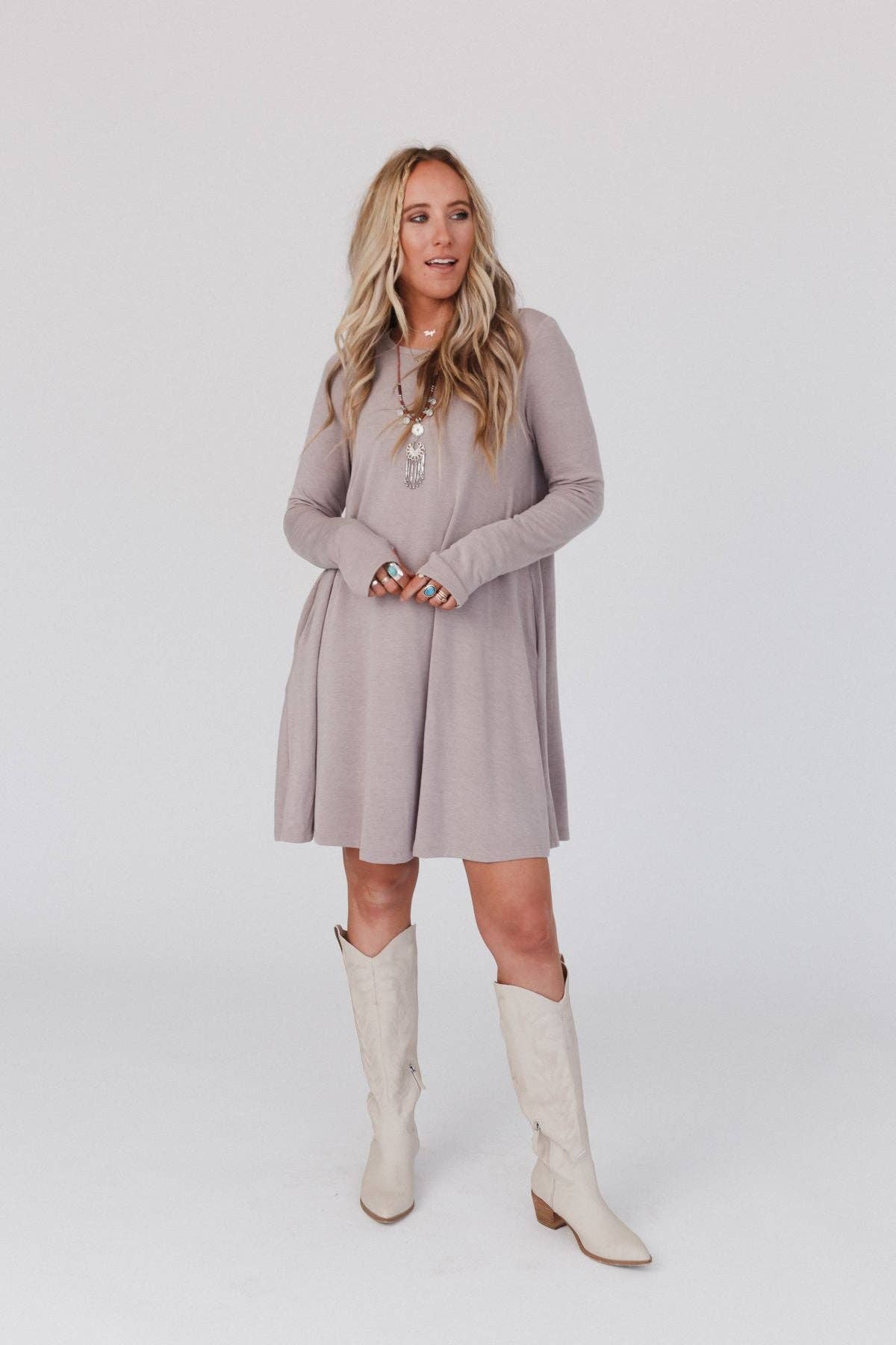 Jake Long Sleeve Crewneck Dress - Mocha Latte - UnLaced Boutique