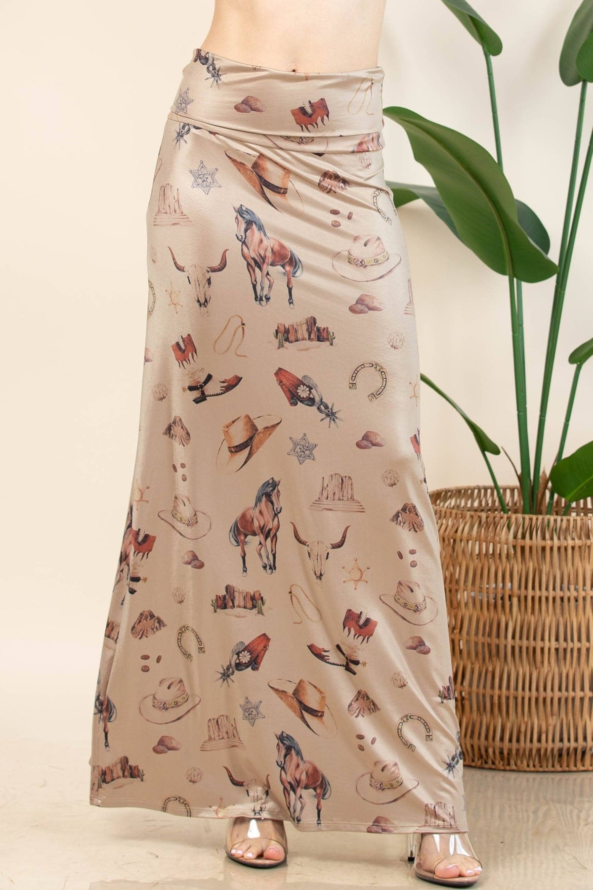 KHAKI GWEN WESTERN ELEMENTS PRINT MAXI KNIT SKIRT - UnLaced Boutique