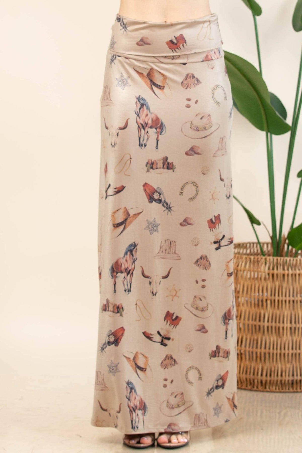 KHAKI GWEN WESTERN ELEMENTS PRINT MAXI KNIT SKIRT - UnLaced Boutique