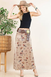 KHAKI GWEN WESTERN ELEMENTS PRINT MAXI KNIT SKIRT - UnLaced Boutique