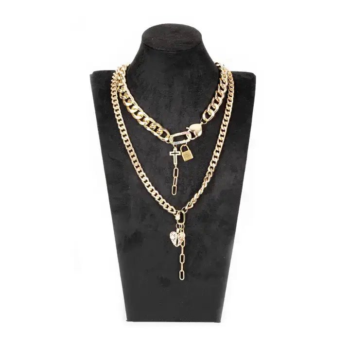 Layered Gold Chain Necklace with Cross, Lock & Heart Charms - UnLaced Boutique