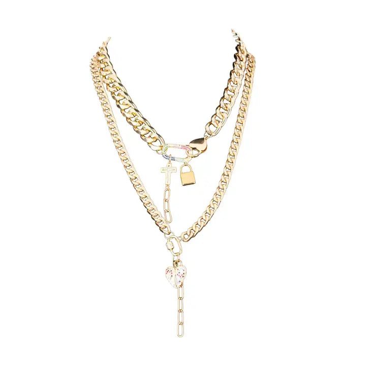 Layered Gold Chain Necklace with Cross, Lock & Heart Charms - UnLaced Boutique