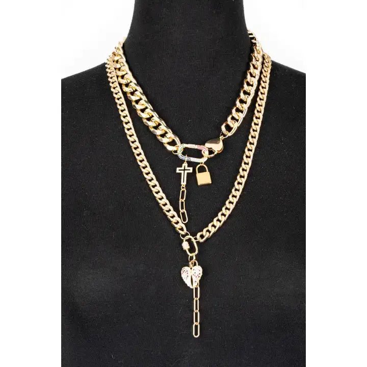 Layered Gold Chain Necklace with Cross, Lock & Heart Charms - UnLaced Boutique