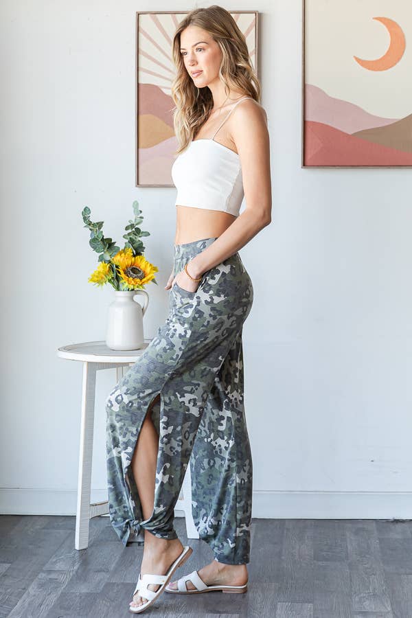 Leopard Camo Side Slit Ankle Tie Pants - UnLaced Boutique