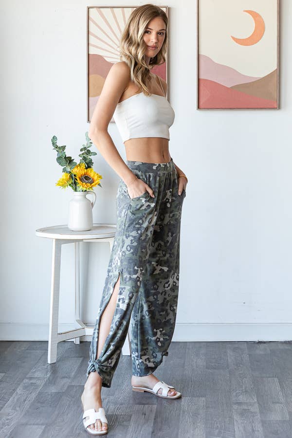Leopard Camo Side Slit Ankle Tie Pants - UnLaced Boutique