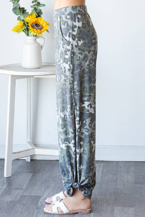 Leopard Camo Side Slit Ankle Tie Pants - UnLaced Boutique