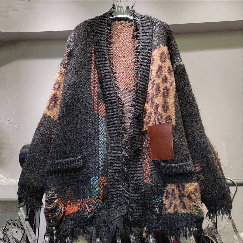 Leopard Patchwork Knit Cardigan with Frayed Edges - UnLaced Boutique