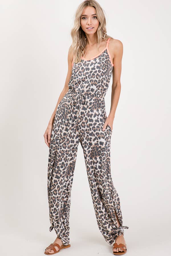 Leopard Print Drawstring Waist Ankle Tie Cami Jumpsuit - UnLaced Boutique