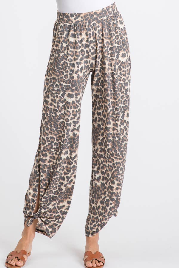 Leopard Print Lightweight Split Side Ankle Tie Pants - UnLaced Boutique