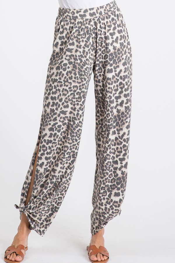 Leopard Print Lightweight Split Side Ankle Tie Pants - UnLaced Boutique